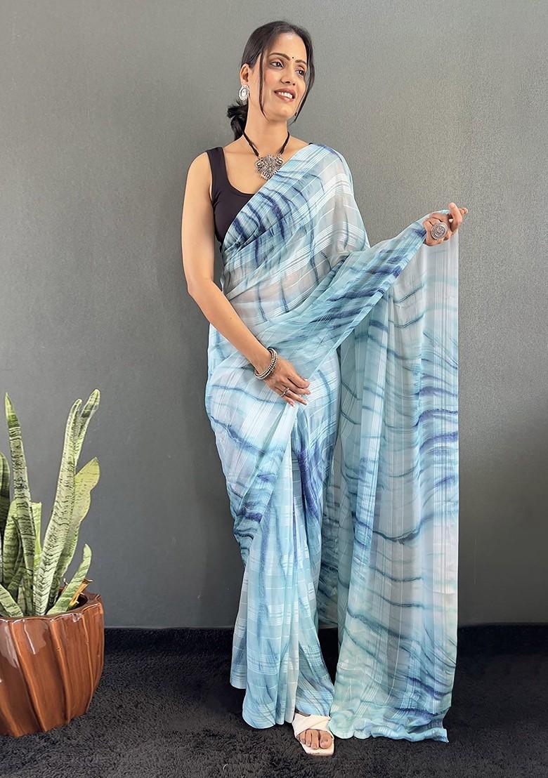 Blue Embroidered Blended Saree Set - Indya