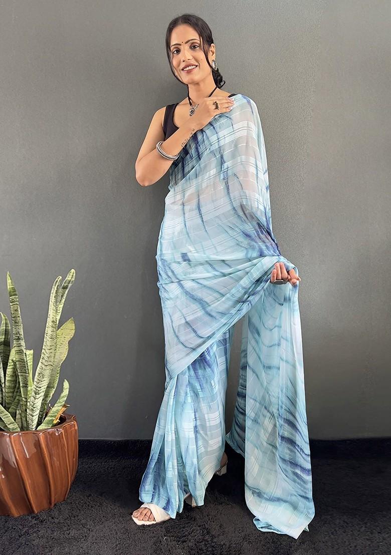 Blue Embroidered Blended Saree Set - Indya