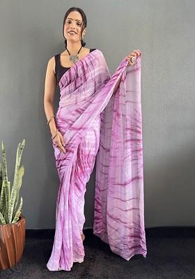Purple Embroidered Blended Saree Set