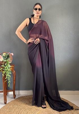 Purple Embroidered Blended Saree Set