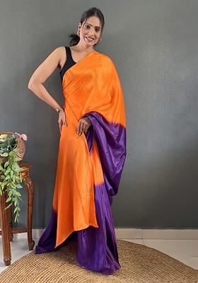 Blue Embroidered Blended Saree Set