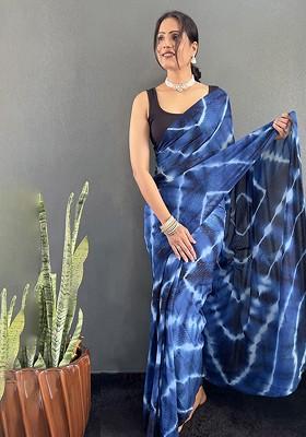 Blue Embroidered Blended Saree Set