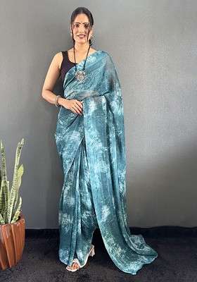 Teal Embroidered Blended Saree Set
