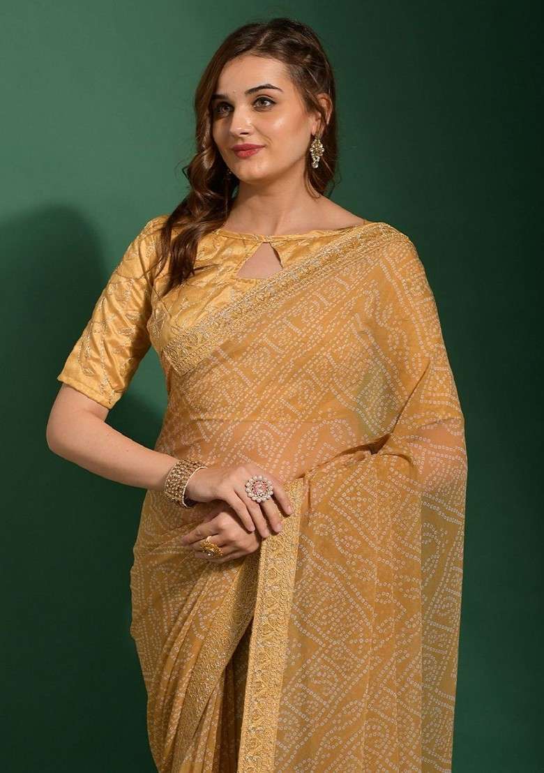 Cream Blended Saree Set with Printed for Diwali | Wedding & Festive Wear - Indya