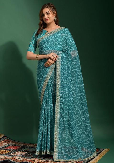 Blue Printed Blended Saree Set