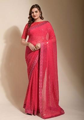 Pink Embellished Blended Saree Set
