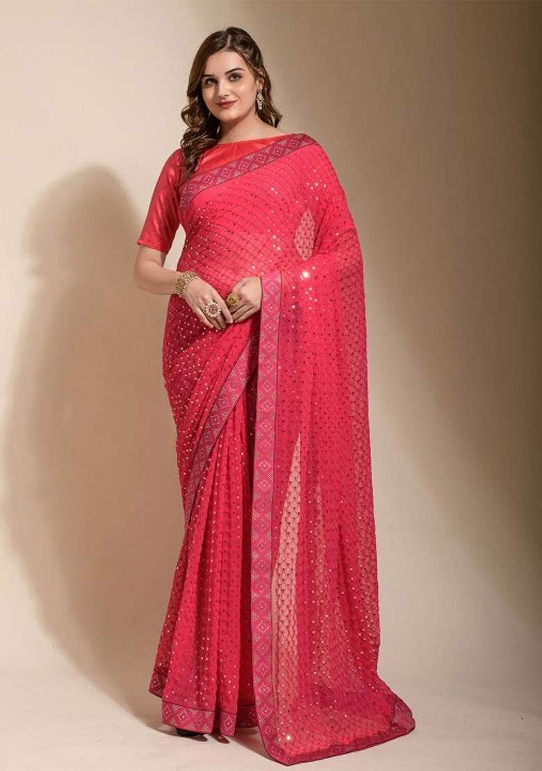 Pink Embellished Blended Saree Set for Diwali and Festive Wear - Indya