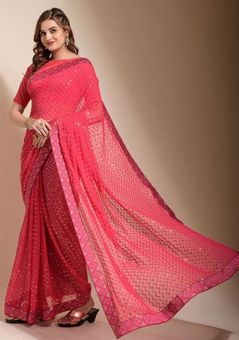 Pink Embellished Blended Saree Set for Diwali and Festive Wear - Indya