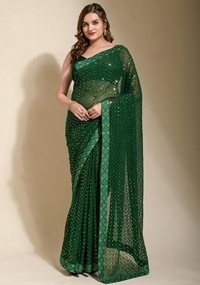 Green Embellished Blended Saree Set