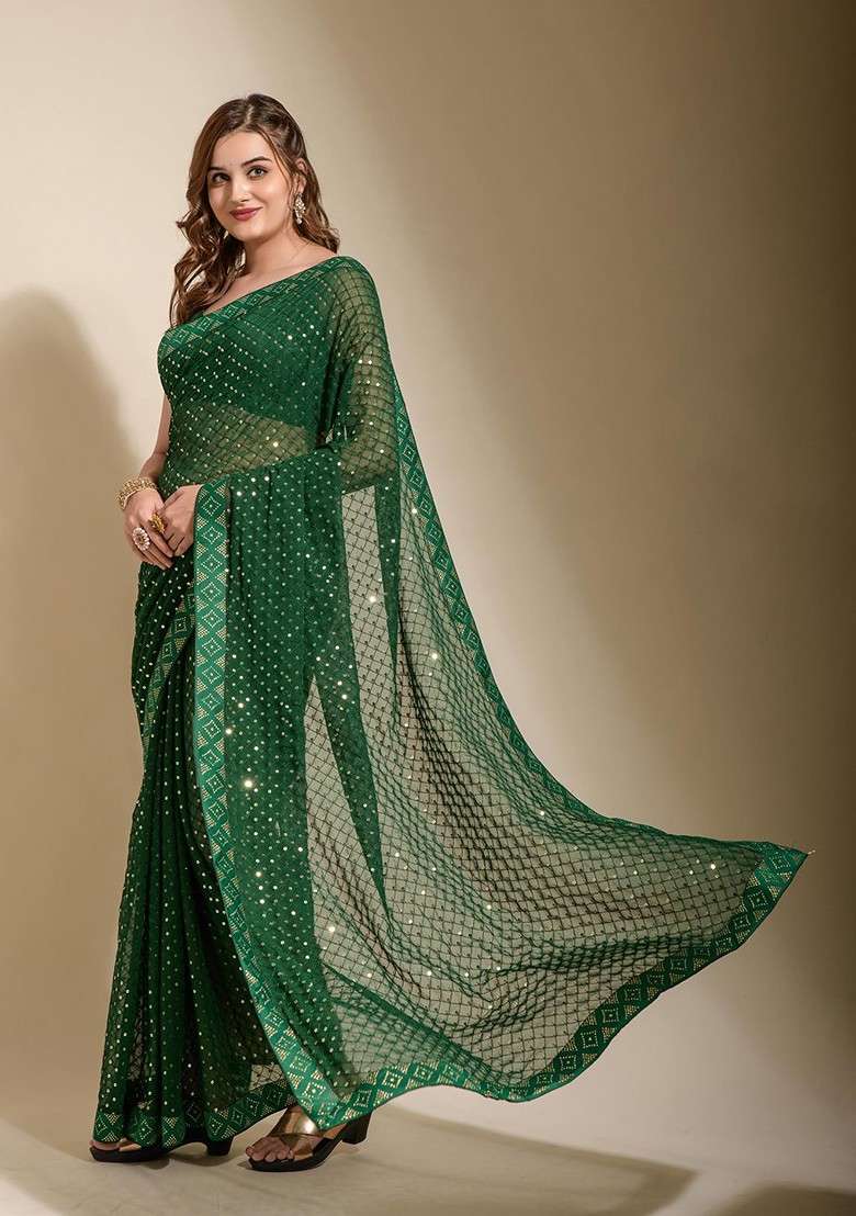 Green Embellished Blended Saree Set for Diwali and Festive Wear - Indya