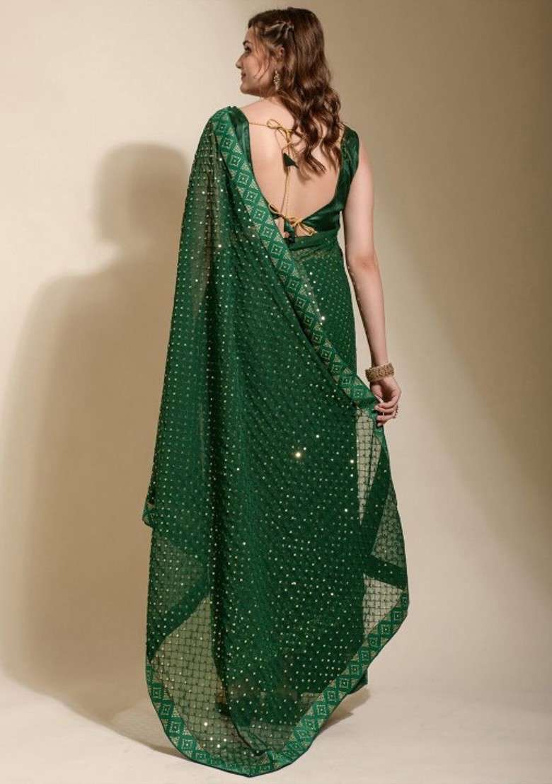 Green Embellished Blended Saree Set for Diwali and Festive Wear - Indya