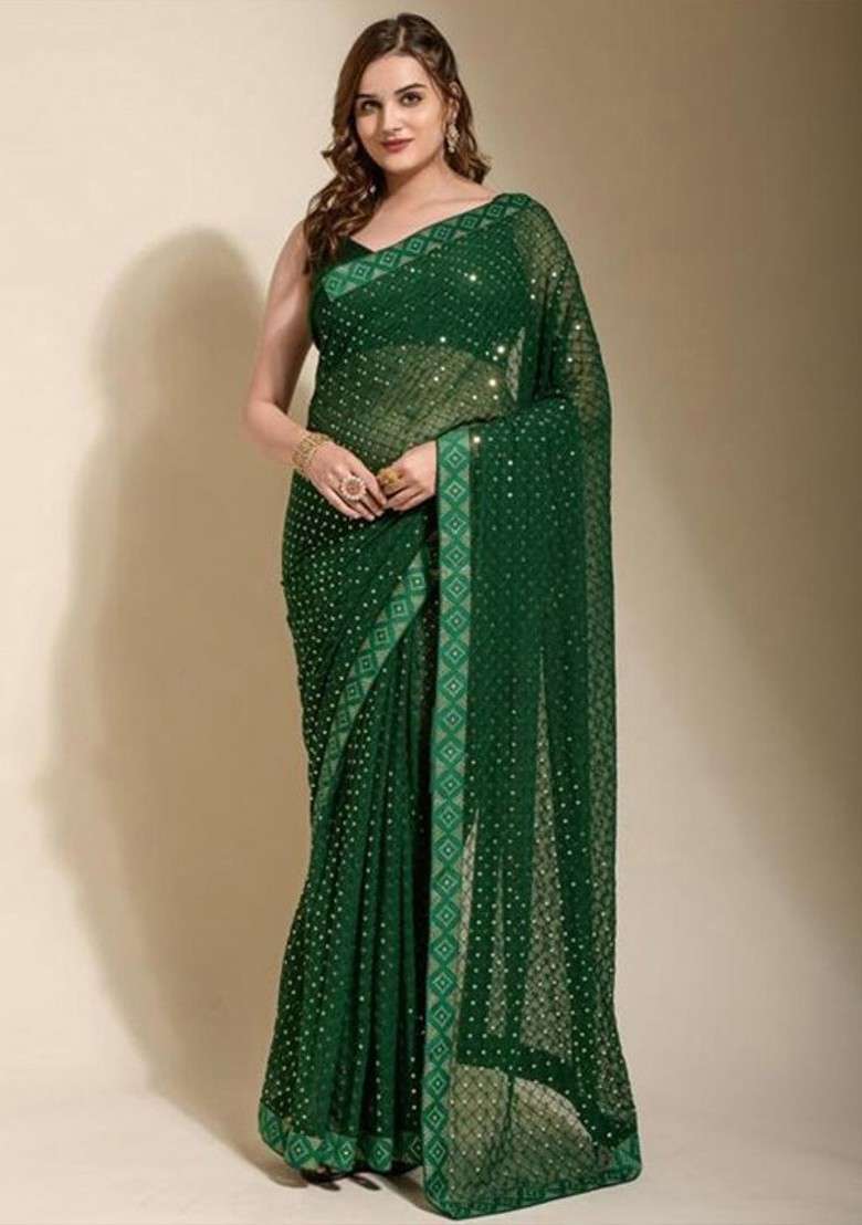 Green Embellished Blended Saree Set for Diwali and Festive Wear - Indya