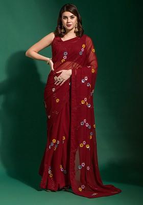 Maroon Printed Blended Saree Set