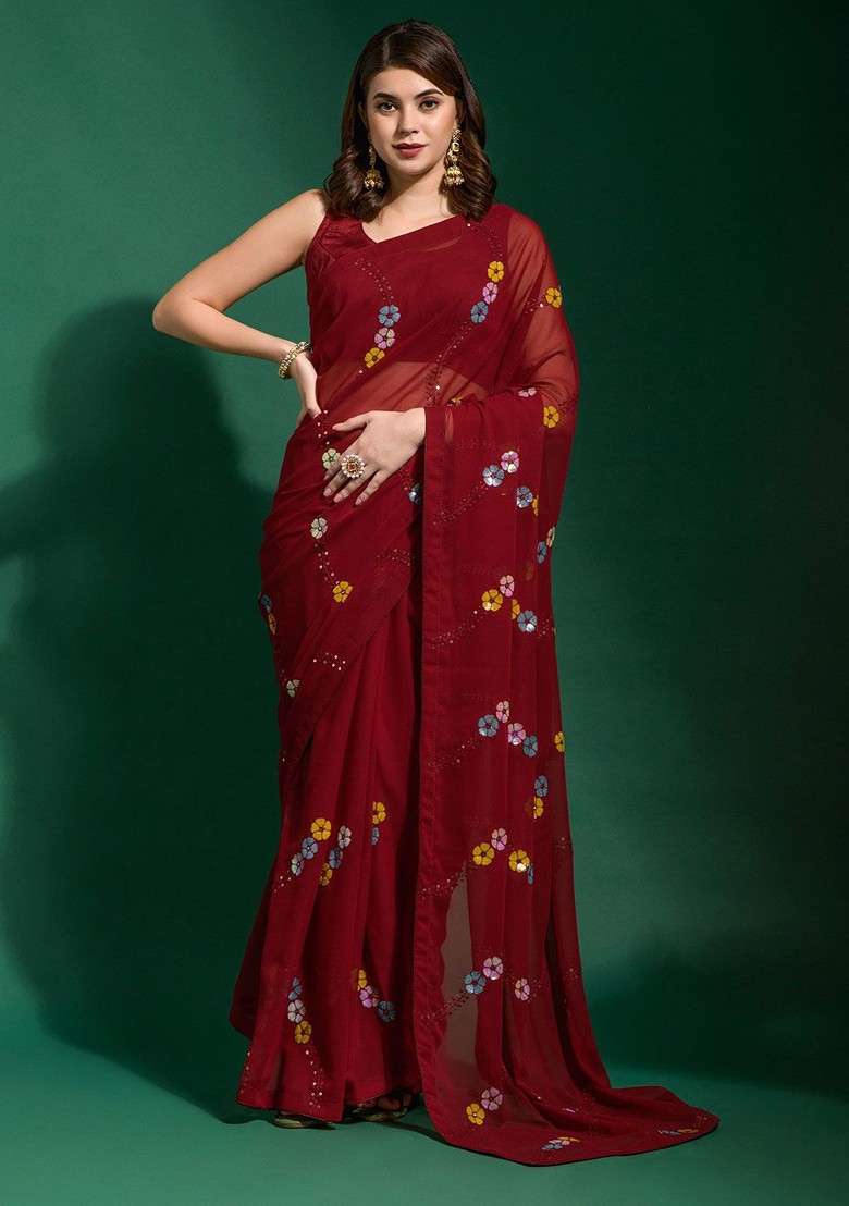 Maroon Printed Blended Saree Set - Indya