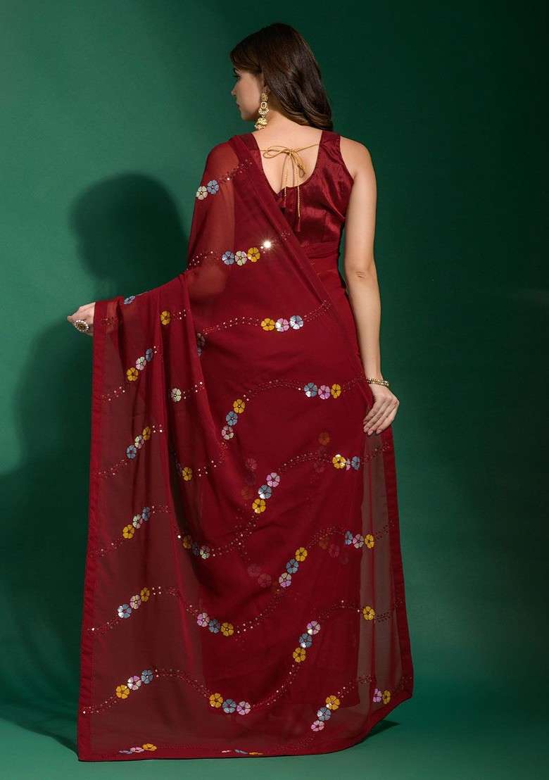 Maroon Printed Blended Saree Set - Indya