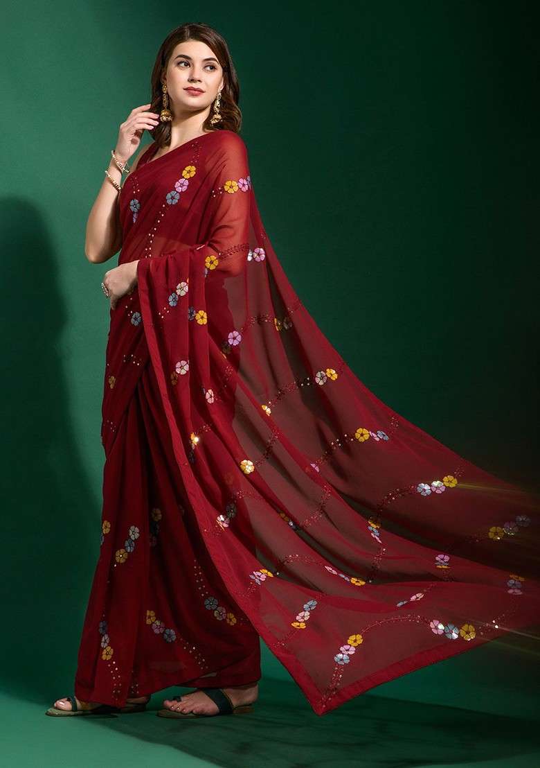 Maroon Printed Blended Saree Set - Indya