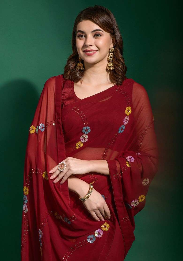 Maroon Printed Blended Saree Set - Indya