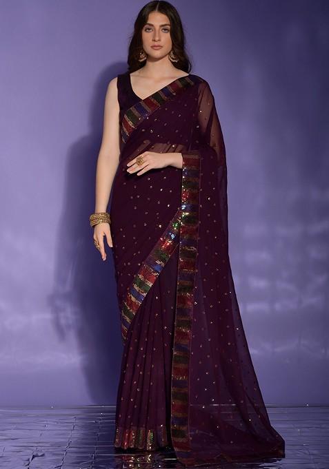 Burgundy Embellished Blended Saree Set — view on Indya