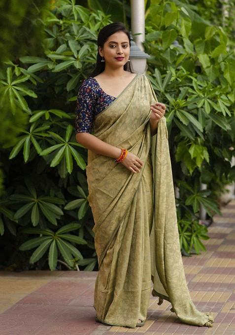 Green Embroidered Blended Saree Set