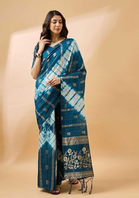 Teal Embellished Blended Saree Set — view on Indya
