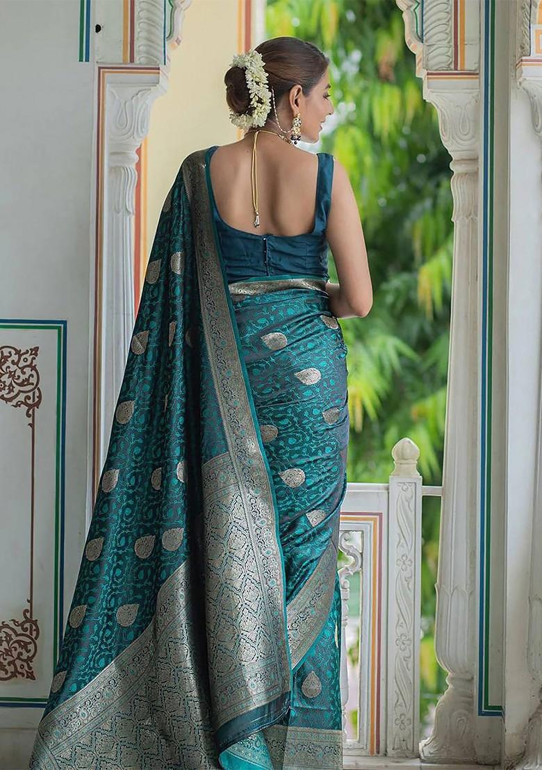 Blue Embroidered Blended Saree Set - Indya