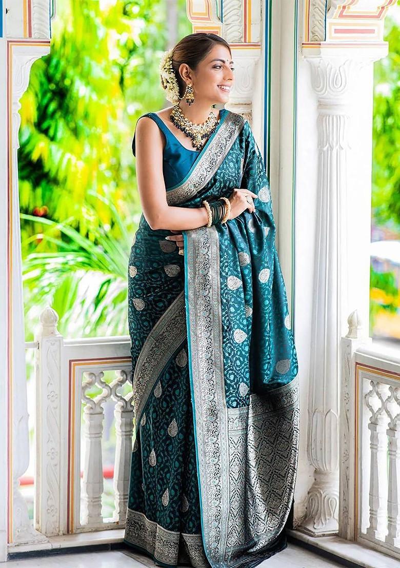 Blue Embroidered Blended Saree Set - Indya