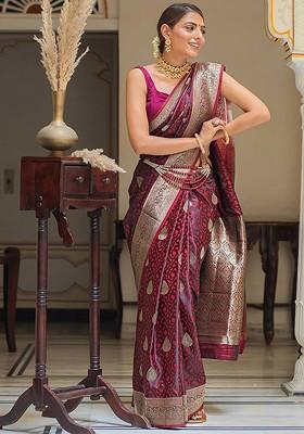 Maroon Embroidered Blended Saree Set