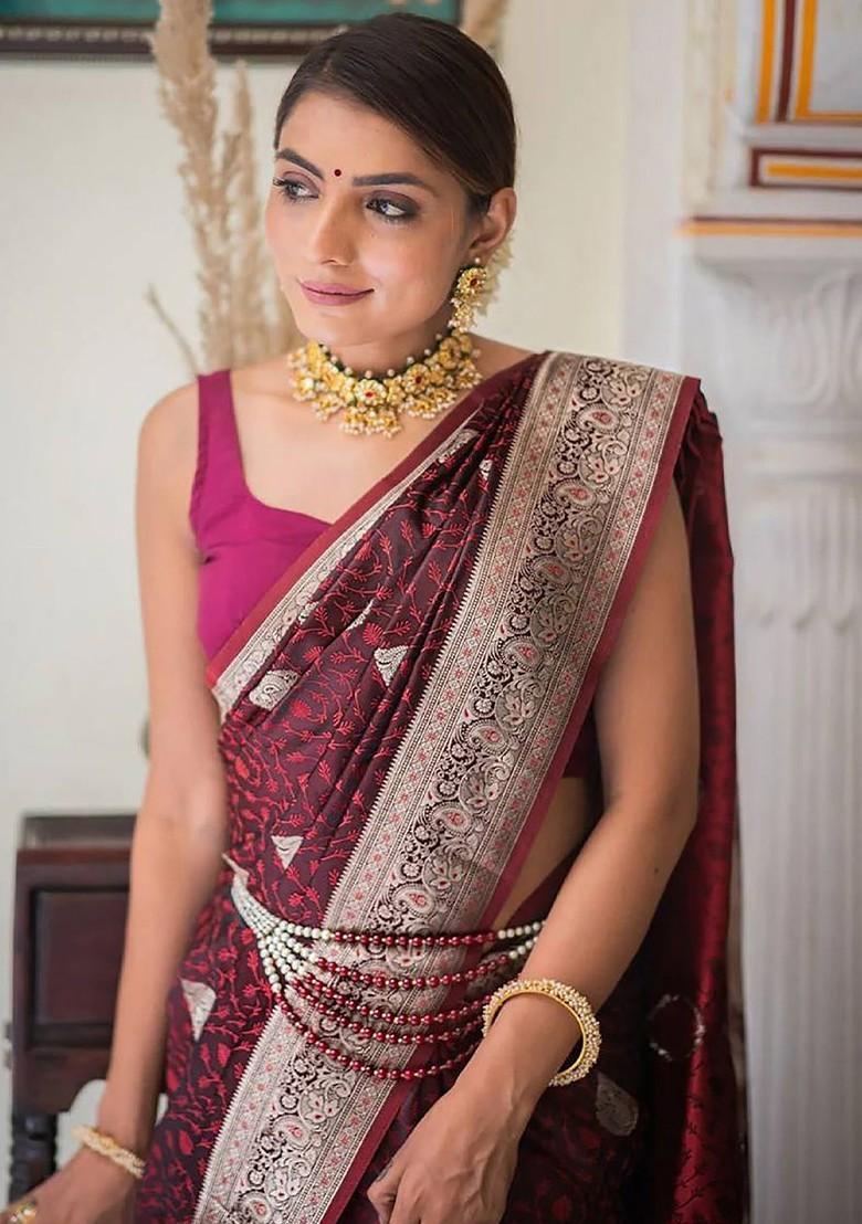 Maroon Embroidered Blended Saree Set - Indya