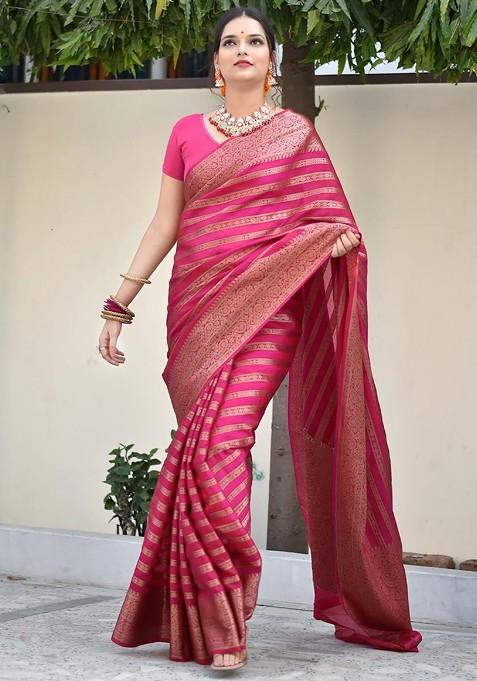 Pink Embroidered Blended Saree Set