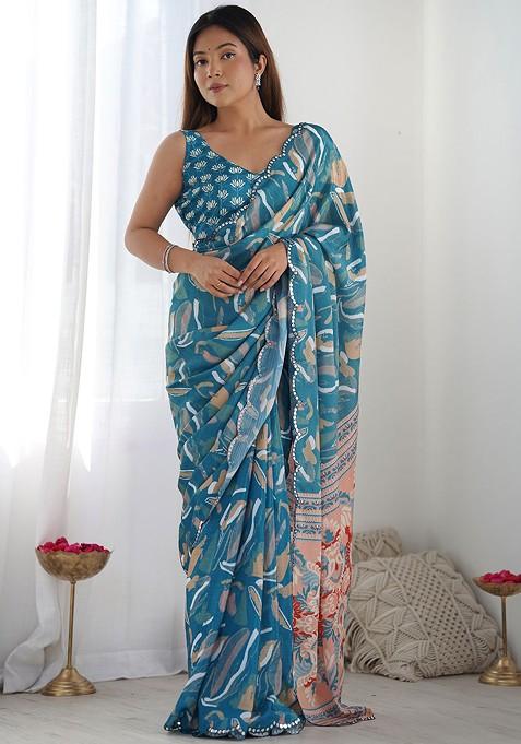 Blue Embroidered Blended Saree Set