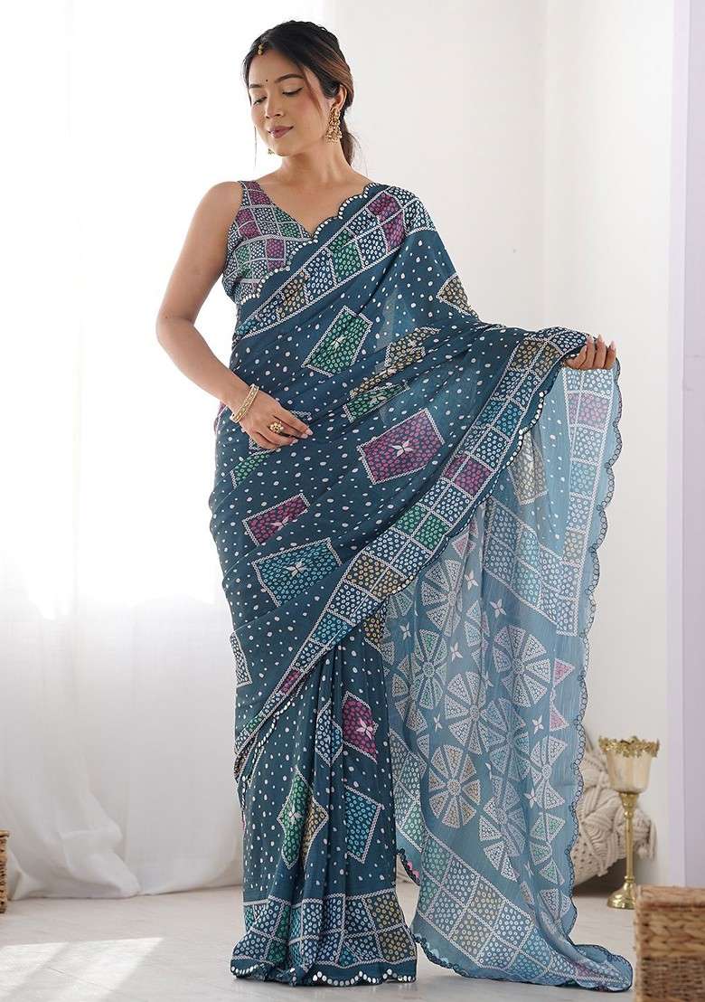 Teal Printed Blended Saree Set for Diwali and Festive Wear - Indya