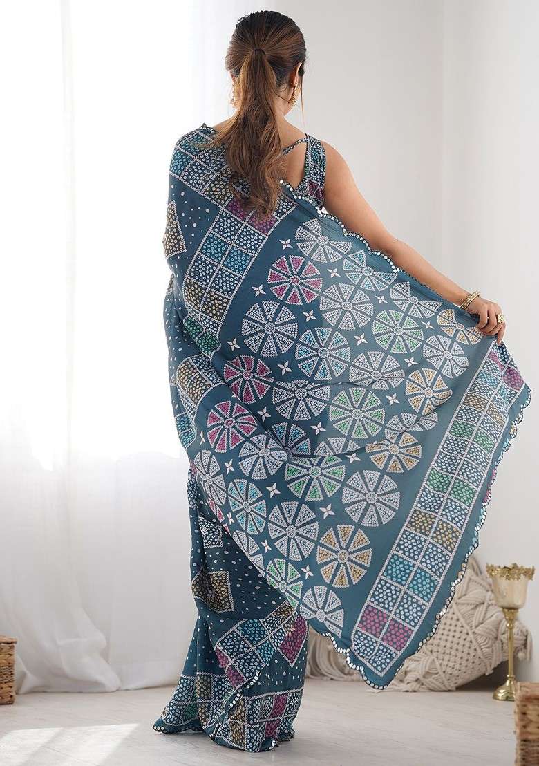 Teal Printed Blended Saree Set for Diwali and Festive Wear - Indya