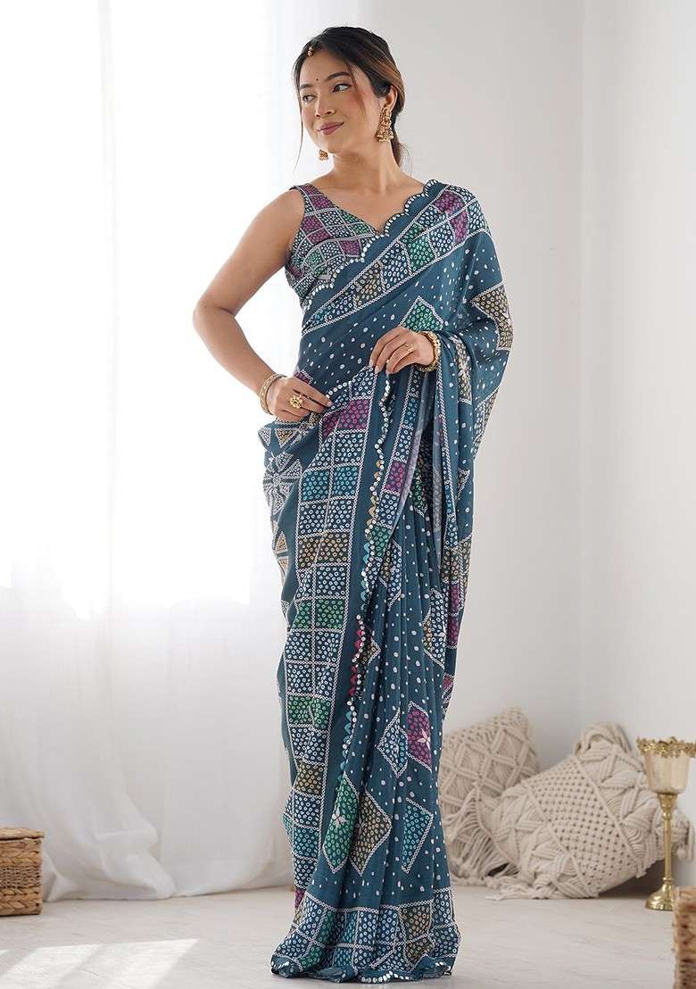 Teal Printed Blended Saree Set for Diwali and Festive Wear - Indya