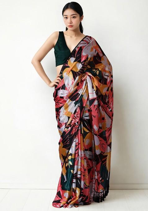 Green Printed Blended Saree Set