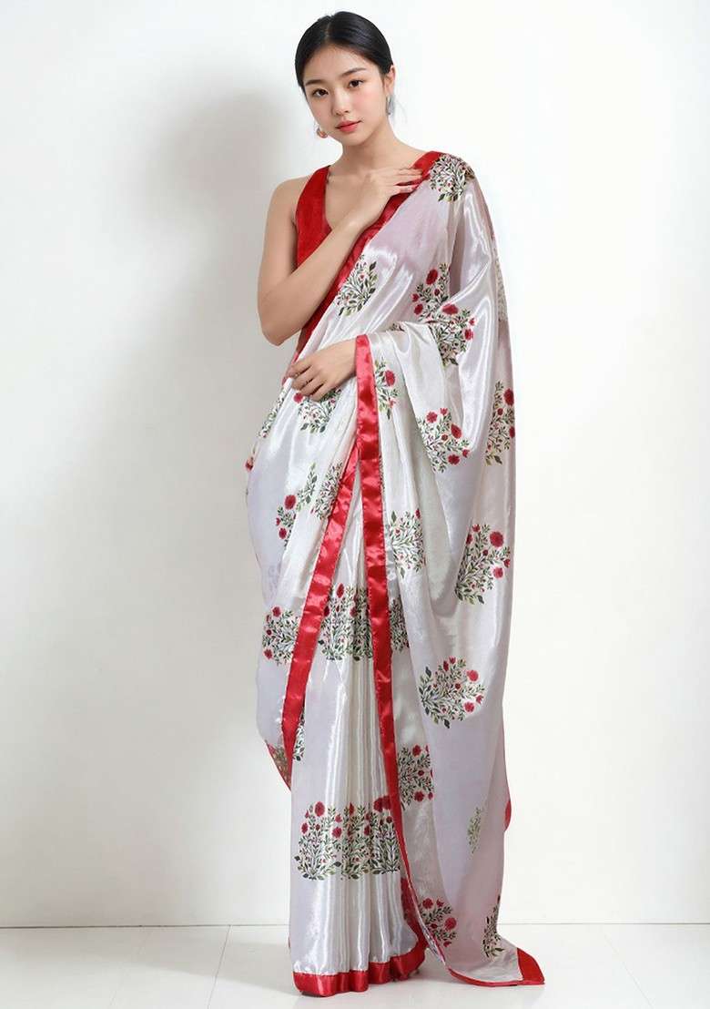 Off White Printed Blended Saree Set - Indya