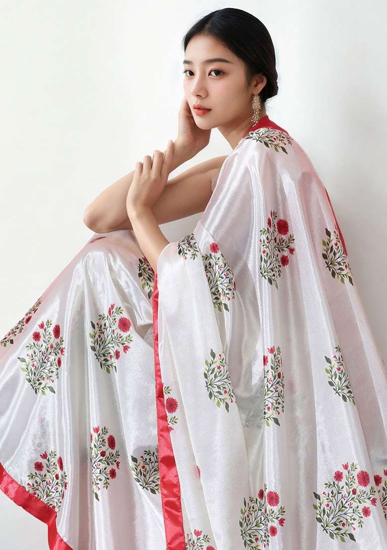 Off White Printed Blended Saree Set - Indya