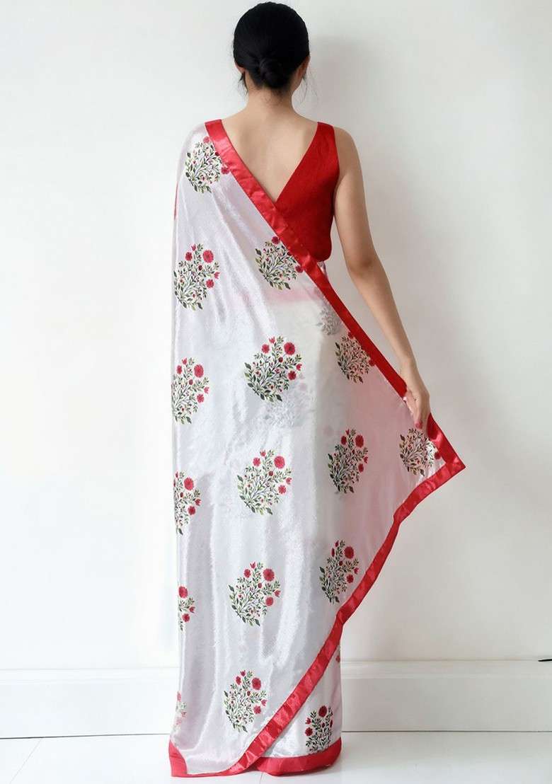 Off White Printed Blended Saree Set - Indya