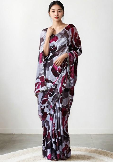 Grey Printed Blended Saree Set