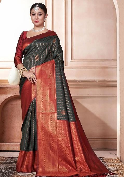 Green Embroidered Blended Saree Set