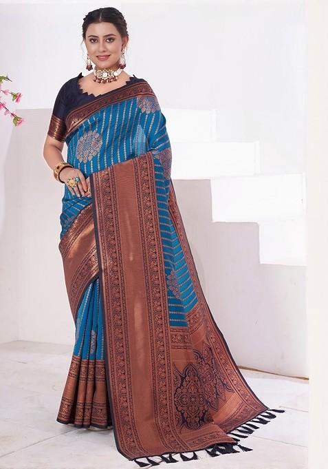 Blue Embroidered Blended Saree Set