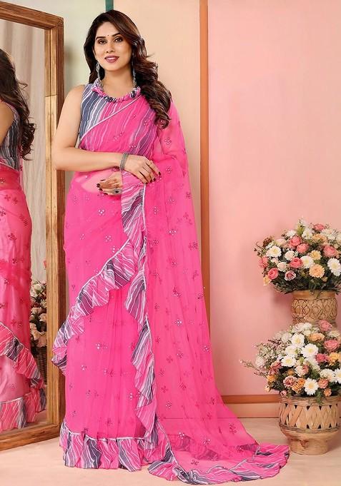 Pink Embellished Blended Saree Set