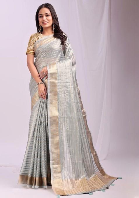 Grey Embroidered Blended Saree Set