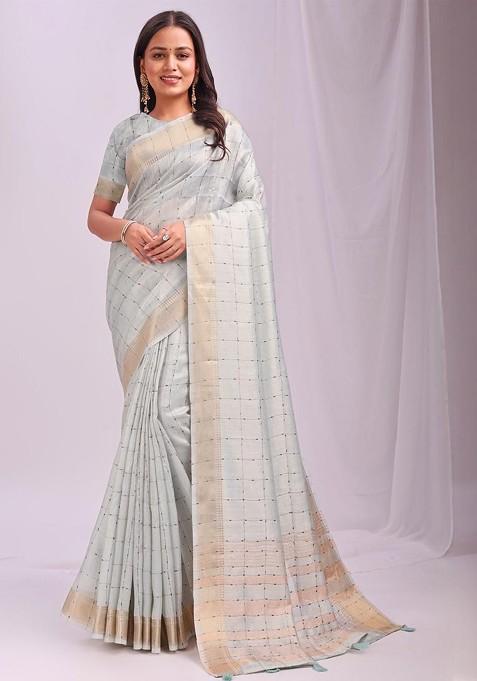 Blue Embroidered Blended Saree Set