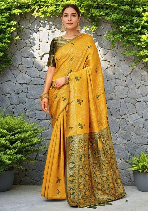 Gold Printed Blended Saree Set