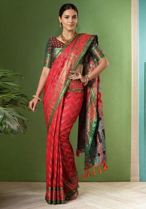 Red Embroidered Blended Saree Set