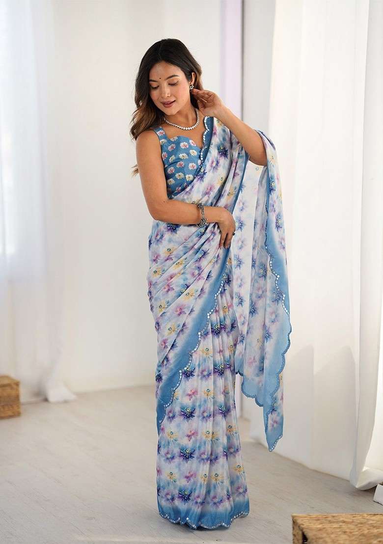 Cream Blended Saree Set with Printed for Diwali | Wedding & Festive Wear - Indya