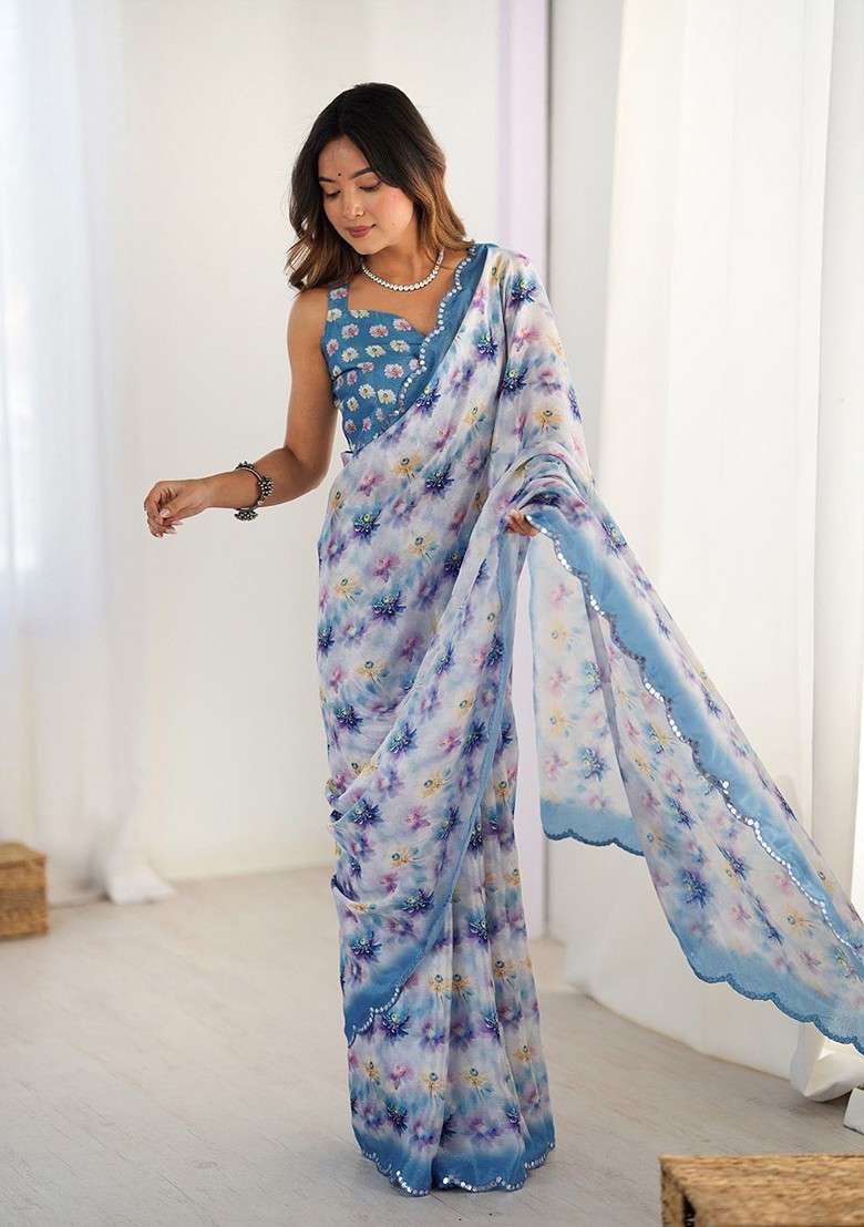 Cream Blended Saree Set with Printed for Diwali | Wedding & Festive Wear - Indya