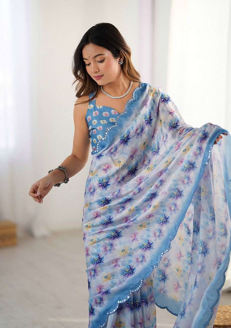 Cream Blended Saree Set with Printed for Diwali | Wedding & Festive Wear - Indya