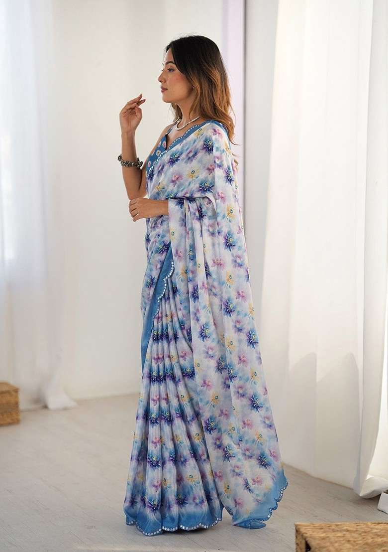 Cream Blended Saree Set with Printed for Diwali | Wedding & Festive Wear - Indya