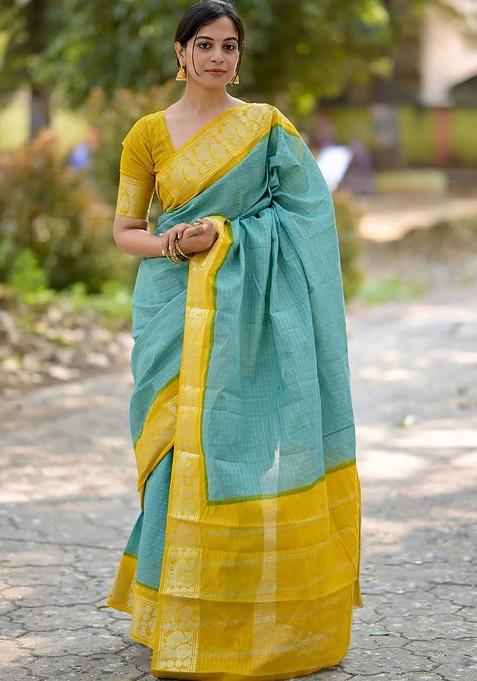 Green Embroidered Blended Saree Set